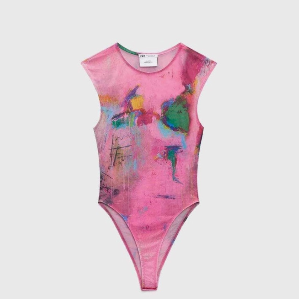 ZARA x David Pher NWT Pink and Multicolour Art Sheer Bodysuit Small